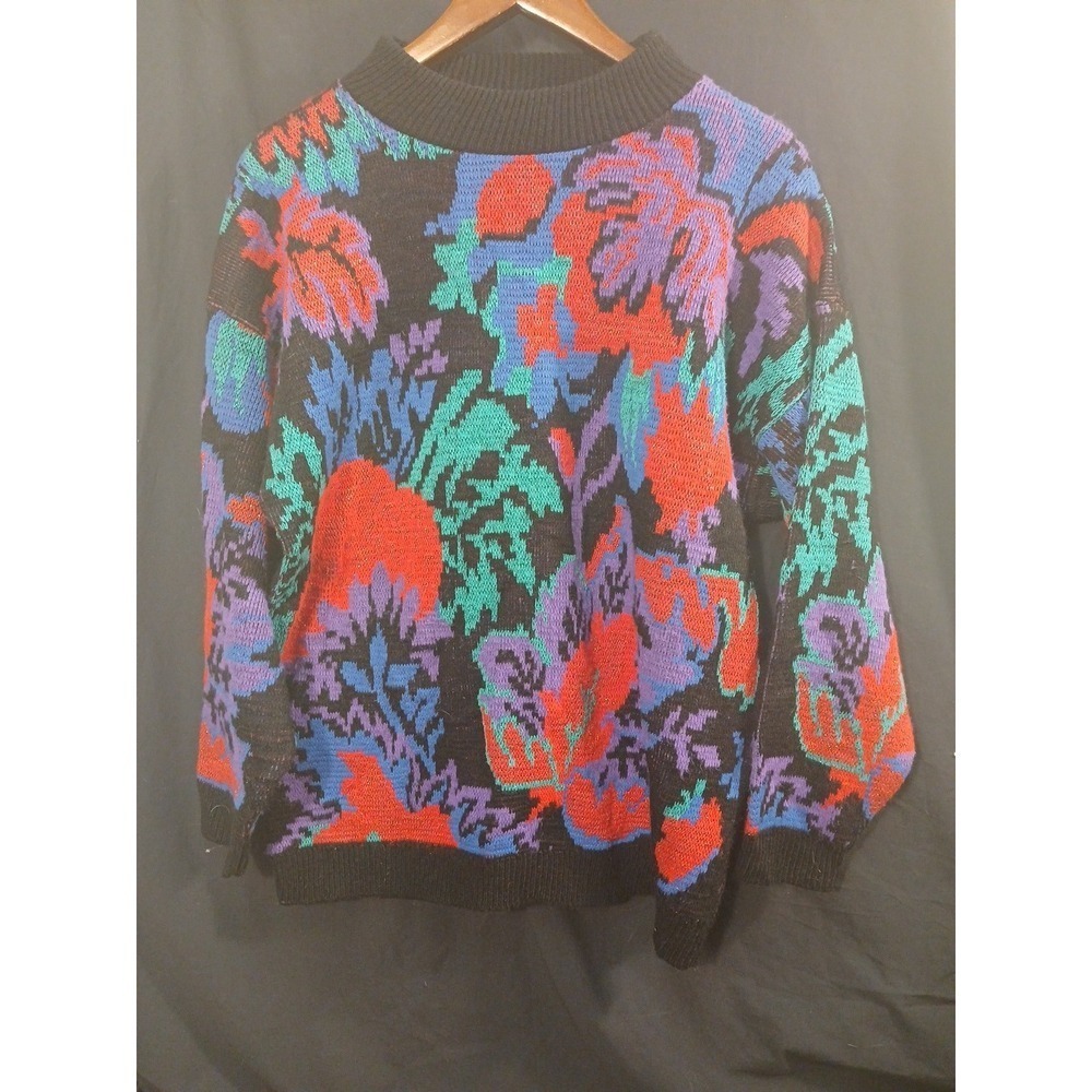 Vintage 80s Rose Floral‎ Abstract Knit Sweater Women's One Size Made in USA Rare